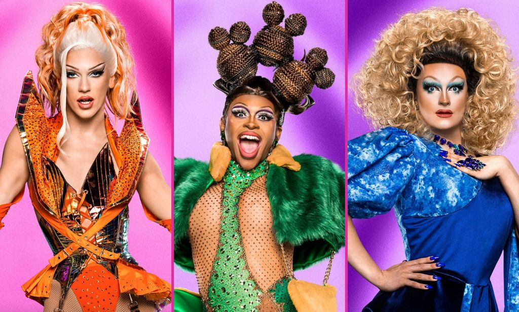 The Drag Race UK season five promotional photos of Alexis St Pete, Ms Naomi Carter and Kate Butch.
