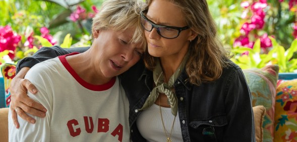 Annette Bening as Diana Nyad (L) and Jodie Foster as Bonnie Stoll (R) in Nyad.
