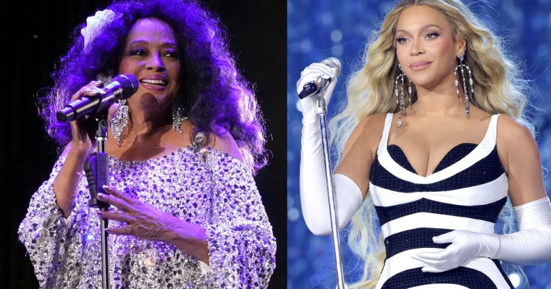 On the left, singer Diana Ross in a sparkly silver top smiles and holds a microphone. On the right, singer Beyoncé in a black and white striped top and white gloves holds a microphone.