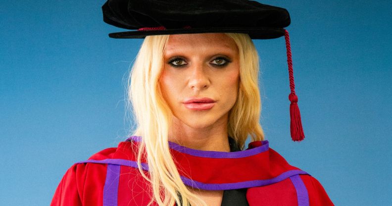 Drag star Bimini in drag and robes as she's awarded an Honorary Fellowship from Goldsmiths University.
