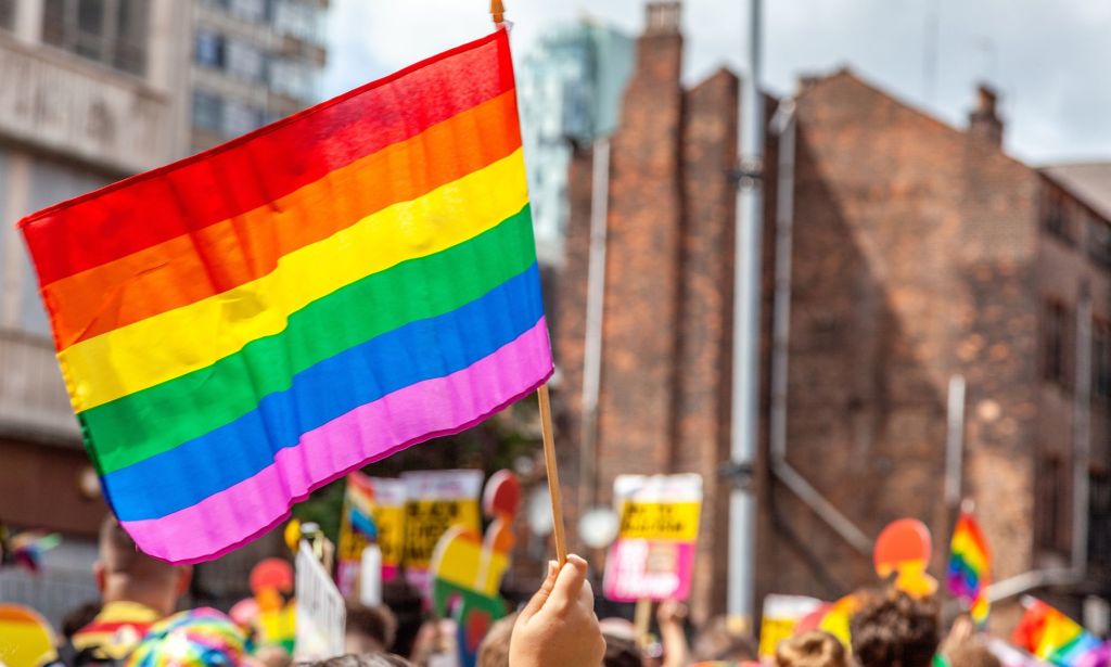 A person holds up a Pride flag during a protest.