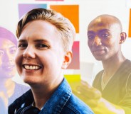 This is an image of 3 people. The center image is of a masculine presenting person. They have short hair and are smiling. To the right is an image of a gender-queer individual. On the left side there is a trans woman with black hair.