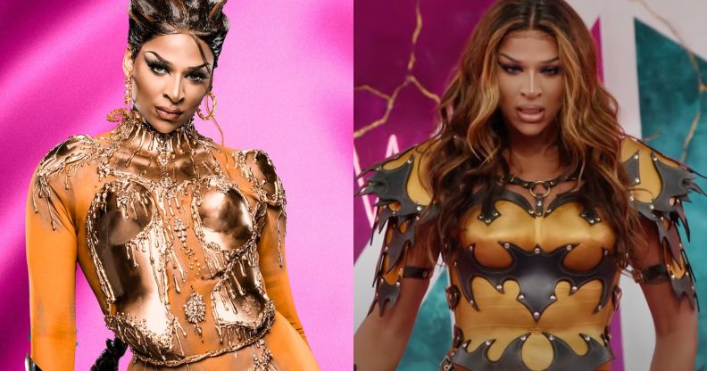On the left, Cara Melle's promo photo for Drag Race UK season 5. On the right, Cara Melle entering the Drag Race UK werkroom.