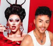 An image showing Cherry Valentine's Drag Race UK season two promo photo, alongside a photo of George Ward, the person behind Cherry Valentine.