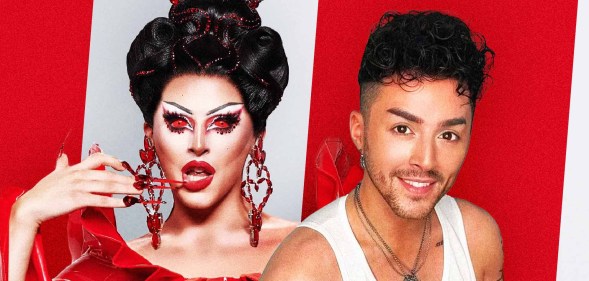 An image showing Cherry Valentine's Drag Race UK season two promo photo, alongside a photo of George Ward, the person behind Cherry Valentine.