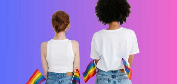 Women holding pride flags against bisexual pride flag colours.
