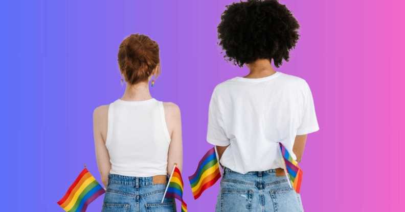 Women holding pride flags against bisexual pride flag colours.
