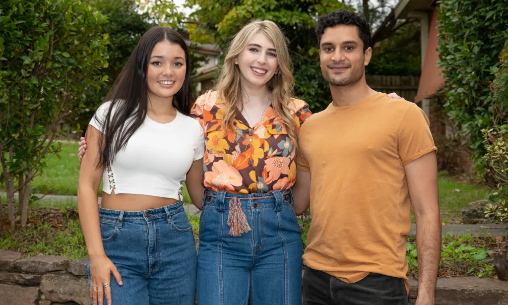 Emerald Chan as Sadie Rodwell (R), Georgie Stone as Mackenzie Hargreaves and Shiv Palekar as Haz Devkar (R) in Neighbours