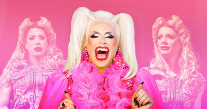 An image featuring Divina De Campo in a pink frilly top and blonde pigtails. She is laughing, while two images of her in Hedwig and the Angry Inch are in the background.
