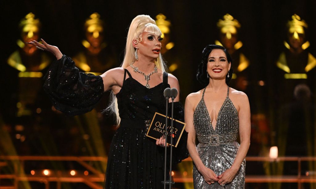 Divina De Campo and Dita Von Teese present at the Olivier Awards this year.