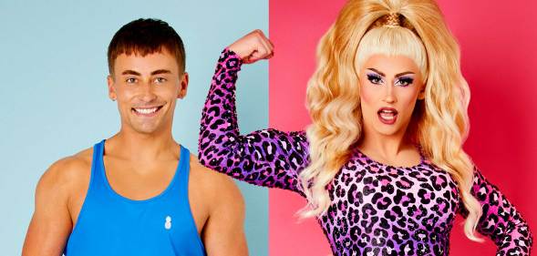 Drag Race UK's Ella Vaday (right) and out of drag as Nick Collier (left)