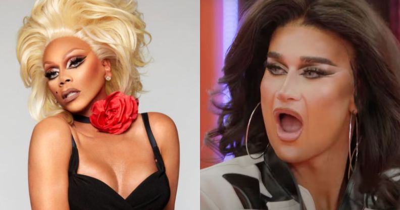 On the left, RuPaul in a promo image for Drag Race UK season 5. On the right, a still of Tomara Thomas looking shocked from episode one of Drag Race UK season 5.