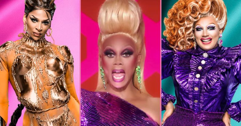 An image composite featuring RuPaul on Drag Race and Drag Race UK queens Cara Melle and Ginger Johnson.