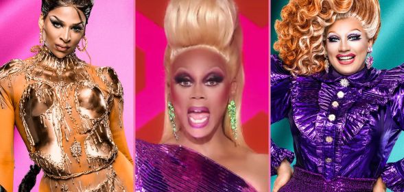 An image composite featuring RuPaul on Drag Race and Drag Race UK queens Cara Melle and Ginger Johnson.