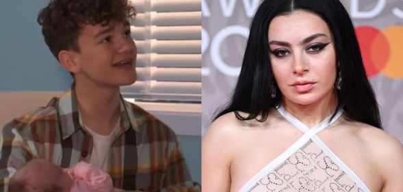 On the left, EastEnders' Ricky Branning holds his newborn baby, Charli. On the right, Charli XCX at the Brit Awards.