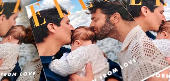 Two gay dads - Hungarian restaurateur Hubert Hlatky Schlichter and his neurosurgeon husband Laszlo Szegedi - kiss their baby daughter Hannabel on the head on the cover of Elle Hungary.