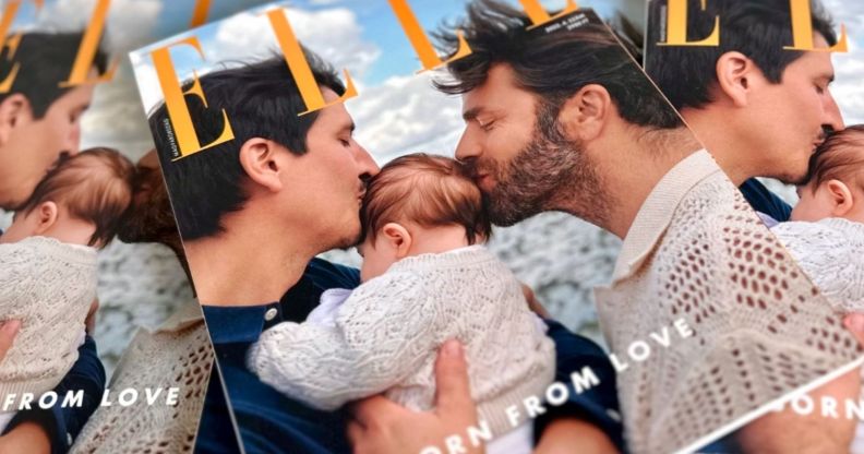 Two gay dads - Hungarian restaurateur Hubert Hlatky Schlichter and his neurosurgeon husband Laszlo Szegedi - kiss their baby daughter Hannabel on the head on the cover of Elle Hungary.