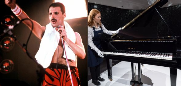 On the left, Freddie Mercury is topless and wearing red shorts, a towel round his neck, and signing into a microphone. On the right, an art dealer with Mercury's baby grand Yamaha piano.