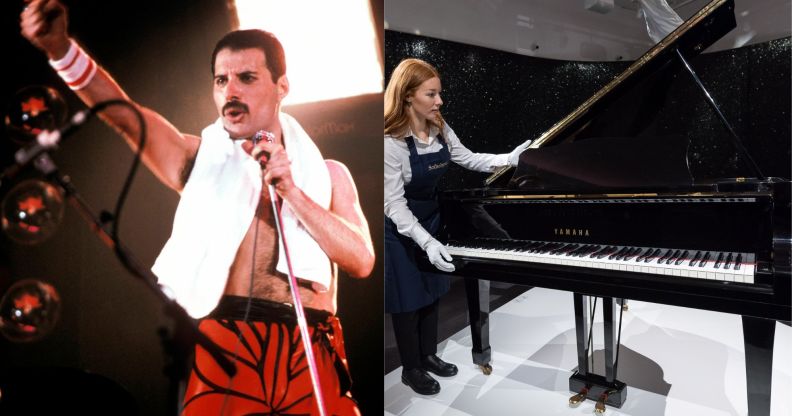 On the left, Freddie Mercury is topless and wearing red shorts, a towel round his neck, and signing into a microphone. On the right, an art dealer with Mercury's baby grand Yamaha piano.