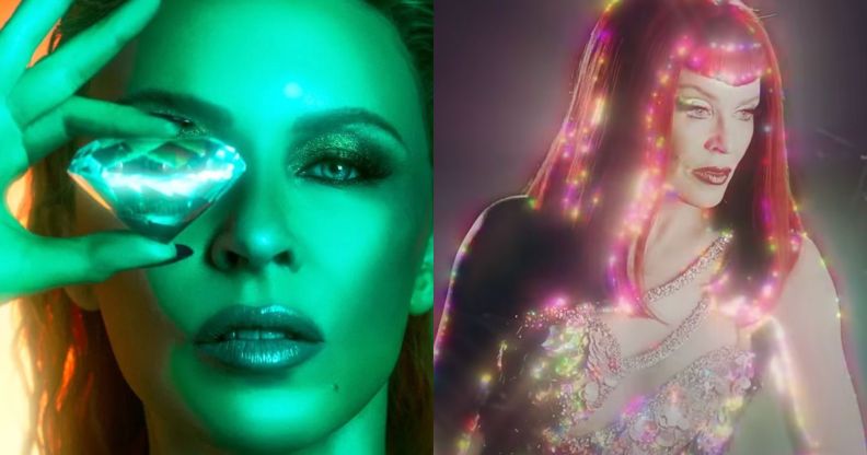 Kylie Minogue's Tension album cover, next to a still from the Tension music video.