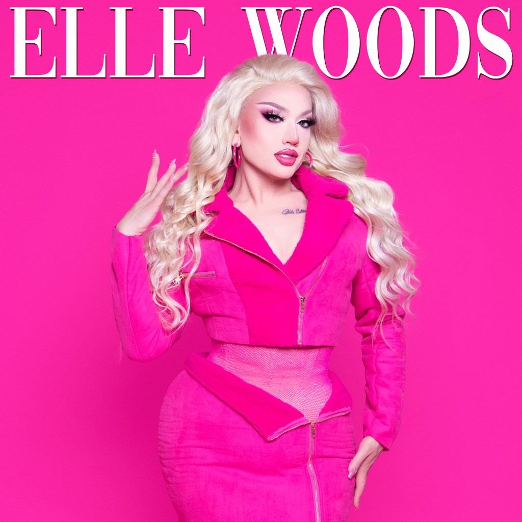 Drag star Lagoona Bloo in a pink jacket for the Elle Woods single cover.