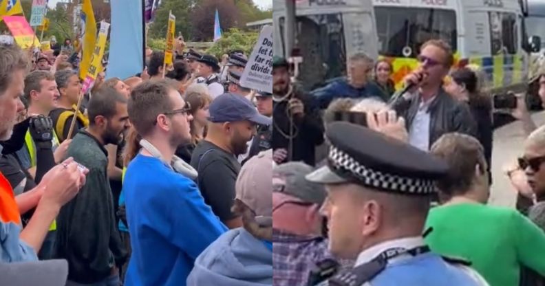 A split image of protestors and anti-drag activists surrounding Laurence Fox.
