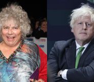 Miriam Margoyles on the left smiling while wearing a multi-coloured top and red cardigan. On the right, Boris Johnson frowns with his arms folded.