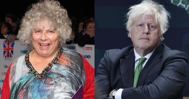 Miriam Margoyles on the left smiling while wearing a multi-coloured top and red cardigan. On the right, Boris Johnson frowns with his arms folded.
