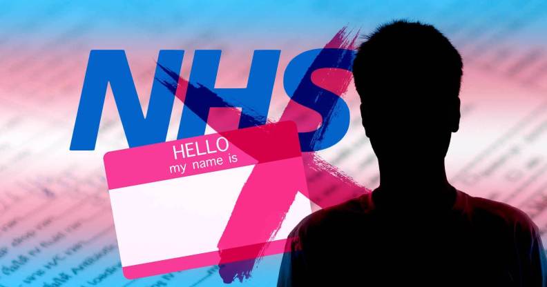 A graphic of the NHS logo on a trans flag, behind a name tag crossed out next to a picture of a silhouette.