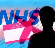 A graphic of the NHS logo on a trans flag, behind a name tag crossed out next to a picture of a silhouette.