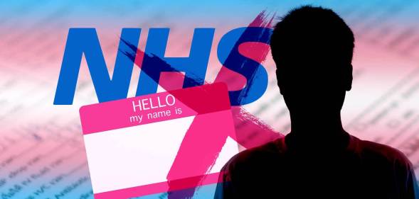 A graphic of the NHS logo on a trans flag, behind a name tag crossed out next to a picture of a silhouette.