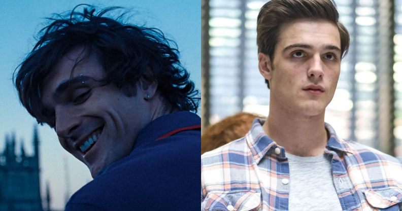 On the left, a still of Jacob Elordi as Felix Catton in Saltburn. On the right, a still of Jacob Elordi as Nate Jacobs in Euphoria.