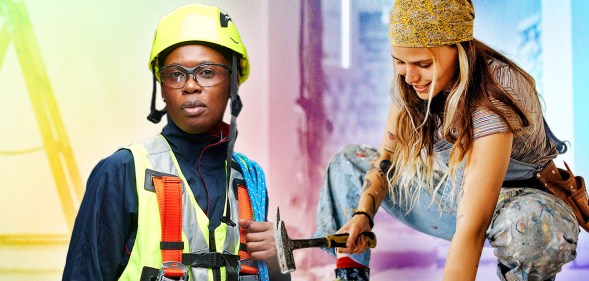 This is a side by side image of two female presenting people in the construction industry. On the left is a Black female presenting person wearing a hard had, hi-vis vest and safety harness. On the right is a white woman wearing a brown bandana. They are crouching and holding a hammer.