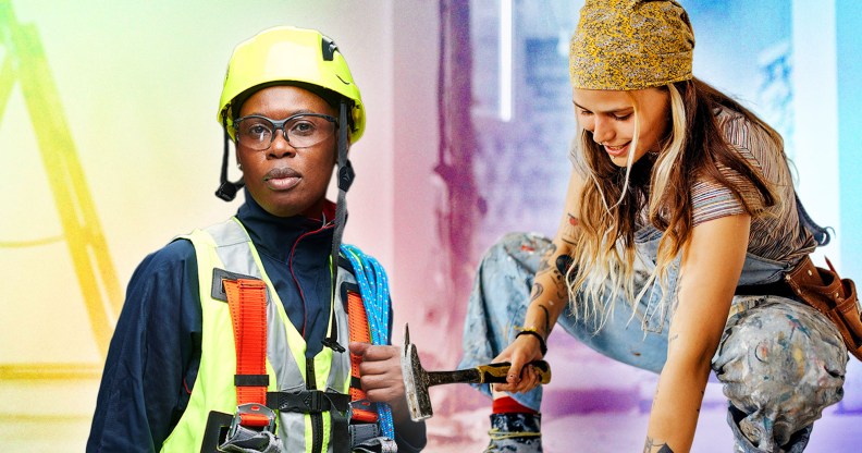 This is a side by side image of two female presenting people in the construction industry. On the left is a Black female presenting person wearing a hard had, hi-vis vest and safety harness. On the right is a white woman wearing a brown bandana. They are crouching and holding a hammer.