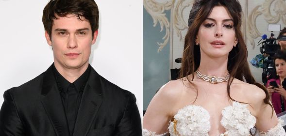 On the left, Nicholas Galitzine in a black suit. On the right, Anne Hathaway at the 2023 MET Gala.
