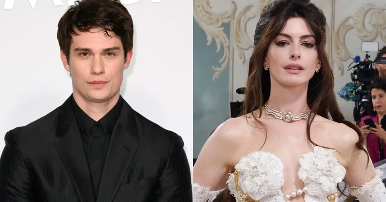 On the left, Nicholas Galitzine in a black suit. On the right, Anne Hathaway at the 2023 MET Gala.