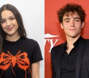 On the left, Olivia Rodrigo in a black t-shirt with a red butterfly on it. On the right, her co-star and former boyfriend Joshua Bassett in a balck top and black shirt.