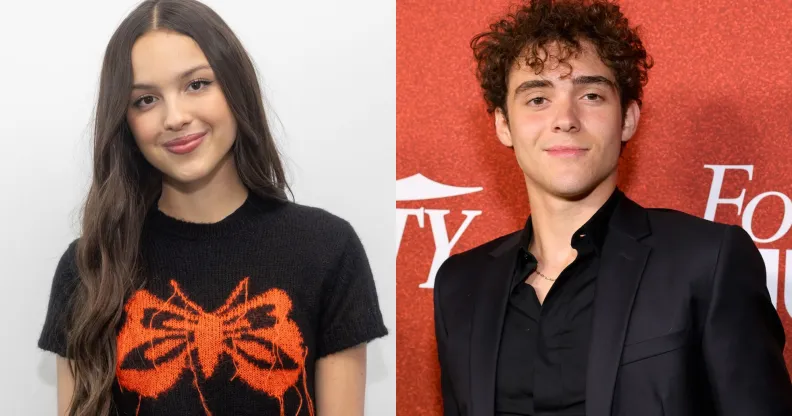 On the left, Olivia Rodrigo in a black t-shirt with a red butterfly on it. On the right, her co-star and former boyfriend Joshua Bassett in a balck top and black shirt.