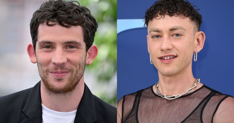 A photo of Josh O'Connor in a black blazer and white top. On the right, a photo of Years & Years singer Olly Alexander in a sheer top.