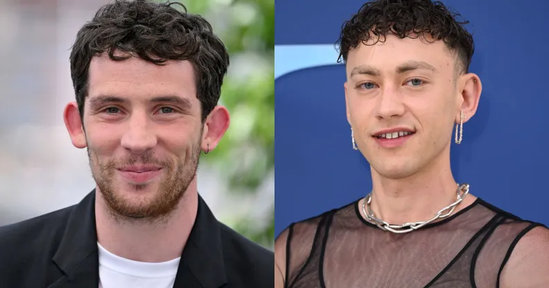 A photo of Josh O'Connor in a black blazer and white top. On the right, a photo of Years & Years singer Olly Alexander in a sheer top.