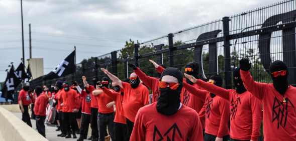 The neo-Nazi groups Blood Tribe, and Goyim Defense League hold a rally on 2 September, 2023 in Orlando, Florida