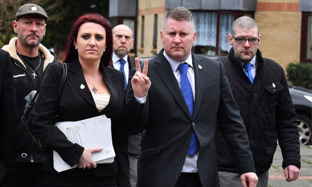 Jayda Fransen (left) and Paul Golding (right) outside court in 2018.