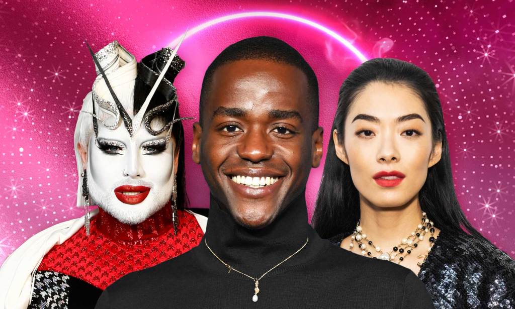 This is an image of three notable people. On the left is drag queen Danny Beard, in the middle is Ncuti Gatwa, and on the right side is Rina Sawayama