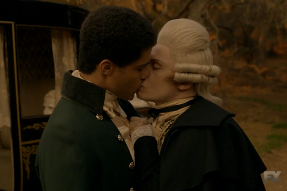 Evan Peters as Edward Philippe Mott kissing his slave in AHS: Roanoke. (FX)