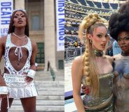 On the left, Shea Coulee in a silver outfit. On the right, Gigi Goode and Symone in silver outfits for Beyonce's Renaissance Tour.