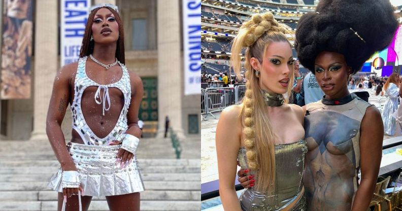 On the left, Shea Coulee in a silver outfit. On the right, Gigi Goode and Symone in silver outfits for Beyonce's Renaissance Tour.