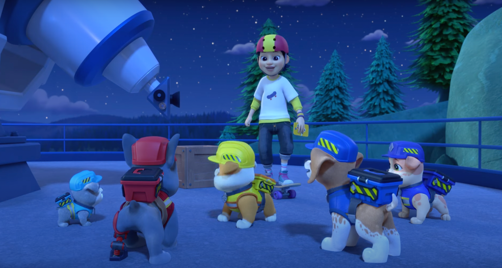 A still from new episode of Paw Patrol spin-off Rubble & Crew featuring non-binary character River.
