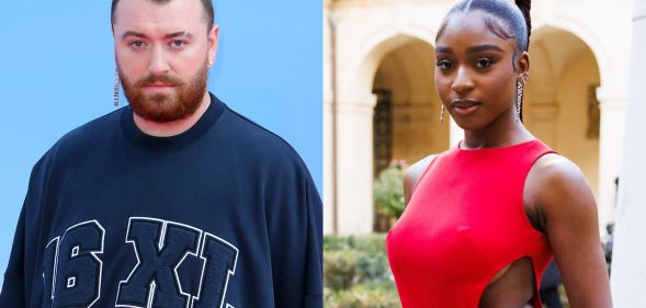 On the left, Sam Smith in an oversized jumper at the Barbie premiere. On the right, Normani stuns in a red dress.
