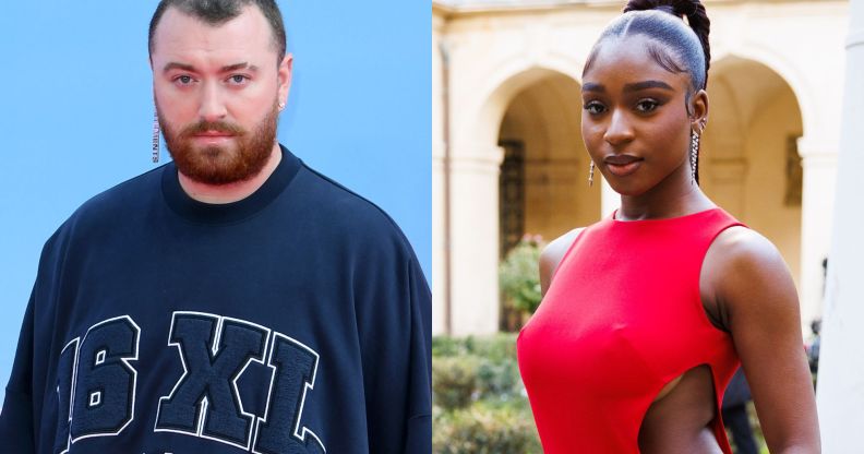 On the left, Sam Smith in an oversized jumper at the Barbie premiere. On the right, Normani stuns in a red dress.