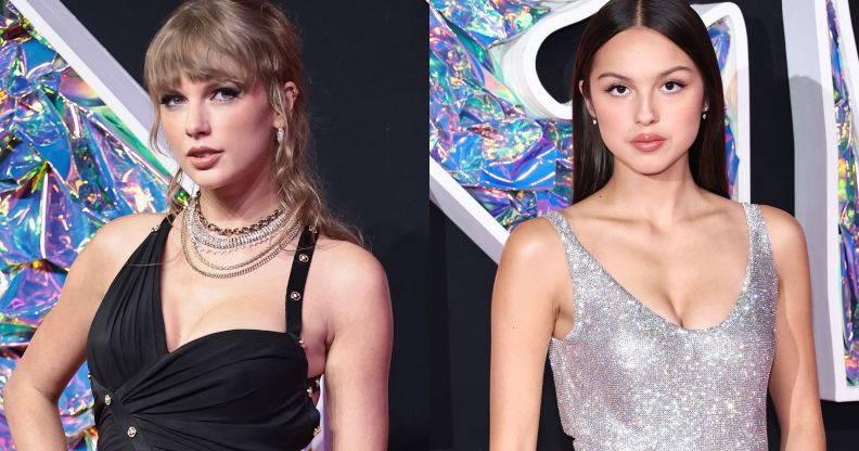 Taylor Swift and Olivia Rodrigo on the red carpet at the 2023 MTV Video Music Awards.